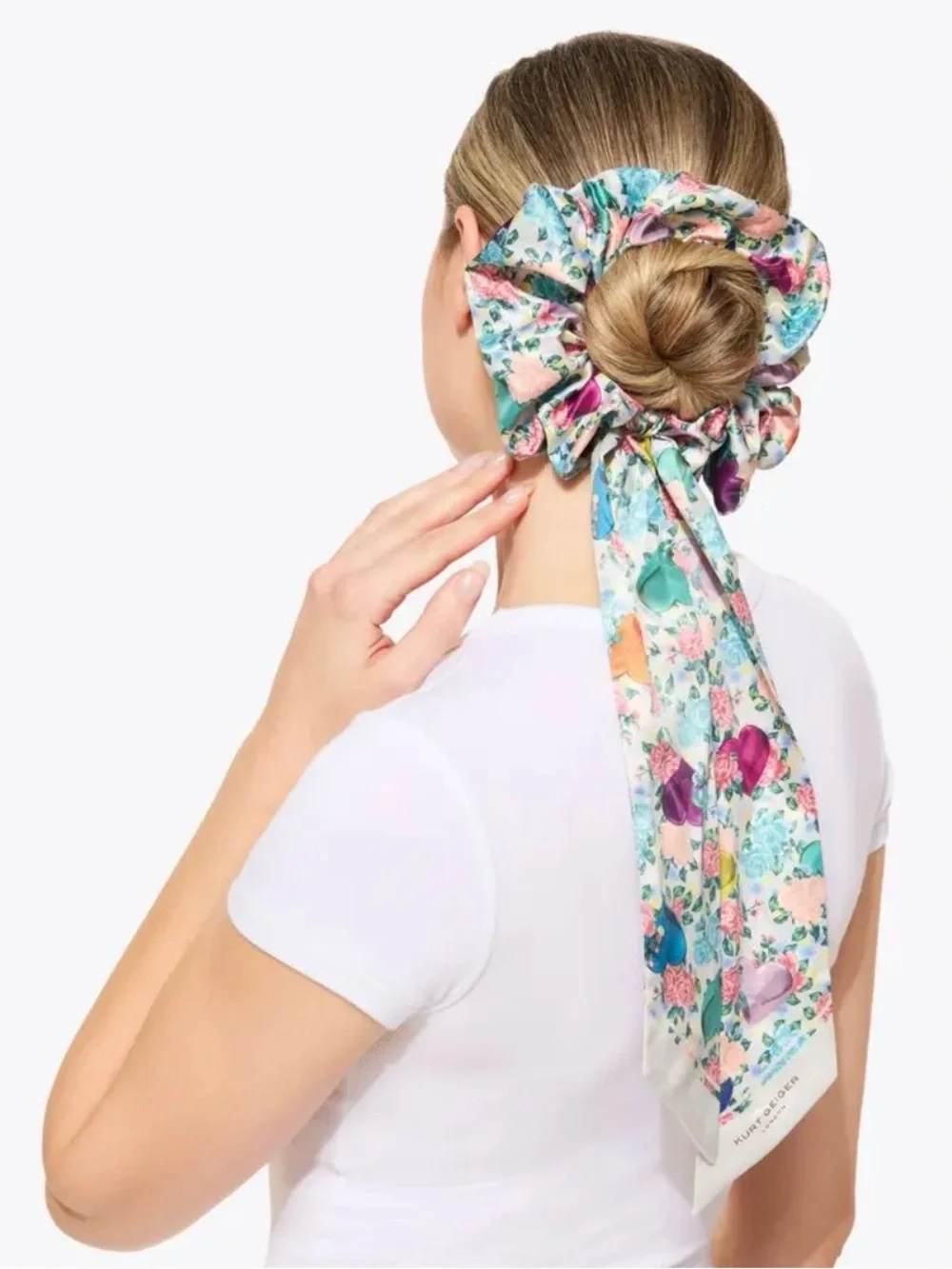 Kurt Geiger Satin Printed Bow Scrunchie. Multicolored Pastel Floral/Hearts NWT